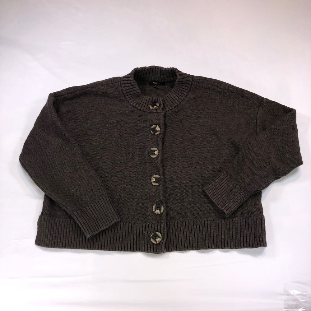 Quince Organic Cotton Oversized Cardigan Brown Crew Neck Button Front Medium